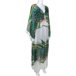 Pre Owned Roberto Cavalli Green & White Feather Print Silk Front Slit Detail Kaftan M