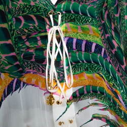 Pre Owned Roberto Cavalli Green & White Feather Print Silk Front Slit Detail Kaftan M
