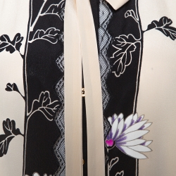 Pre Owned Roberto Cavalli Cream and Black Floral Print Silk Lace Trim Shirt M