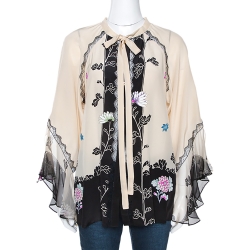 Pre Owned Roberto Cavalli Cream and Black Floral Print Silk Lace Trim Shirt M
