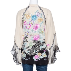 Pre Owned Roberto Cavalli Cream and Black Floral Print Silk Lace Trim Shirt M