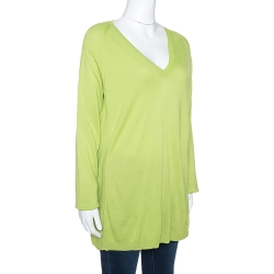 Pre Owned Roberto Cavalli Lime Green Cashmere & Silk Paneled V Neck Sweater L