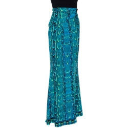Pre Owned Roberto Cavalli Blue Snakeskin Print Jersey Gathered Waist Maxi Skirt L