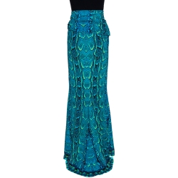 Pre Owned Roberto Cavalli Blue Snakeskin Print Jersey Gathered Waist Maxi Skirt L
