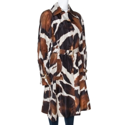 Pre Owned Roberto Cavalli Brown Printed Silk Pleat Detail Belted Coat M