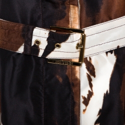 Pre Owned Roberto Cavalli Brown Printed Silk Pleat Detail Belted Coat M