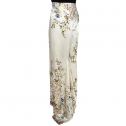 Pre Owned Roberto Cavalli Cream Floral Shimmer Print Silk Flared Maxi Skirt L