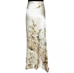 Pre Owned Roberto Cavalli Cream Floral Shimmer Print Silk Flared Maxi Skirt L