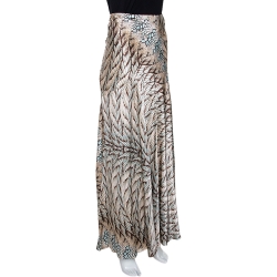 Pre Owned Roberto Cavalli Cream Feather Print Silk Flared Maxi Skirt L