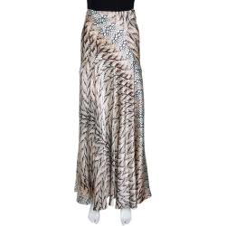 Pre Owned Roberto Cavalli Cream Feather Print Silk Flared Maxi Skirt L