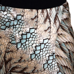 Pre Owned Roberto Cavalli Cream Feather Print Silk Flared Maxi Skirt L