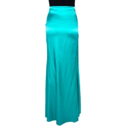 Pre Owned Roberto Cavalli Emerald Green Embellished Stretch Satin Silk Maxi Skirt L
