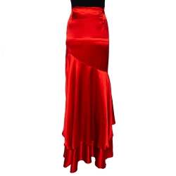 Pre Owned Roberto Cavalli Red Satin Silk Ruffle Tiered Maxi Skirt L