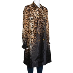 Pre Owned Roberto Cavalli Beige & Black Ombre Leopard Printed Silk Trench Coat L