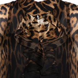 Pre Owned Roberto Cavalli Beige & Black Ombre Leopard Printed Silk Ruffled Blouse L