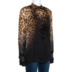 Pre Owned Roberto Cavalli Beige & Black Ombre Leopard Printed Silk Ruffled Blouse L