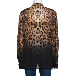 Pre Owned Roberto Cavalli Beige & Black Ombre Leopard Printed Silk Ruffled Blouse L