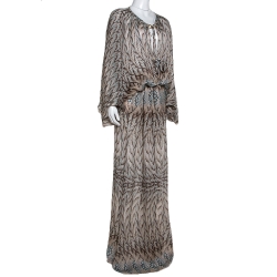 Pre Owned Roberto Cavalli Beige Wings Texture Print Silk Front Slit Detail Kaftan M