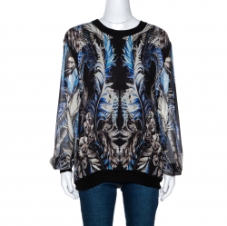 Roberto Cavalli Blue & Black Feather Print Silk Paneled Jumper L