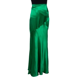 Pre Owned Roberto Cavalli Green Satin Silk Flared Maxi Skirt L