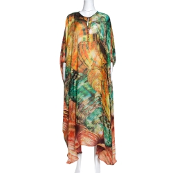 Pre Owned Roberto Cavalli Multicolor Abstract Print Silk Kaftan Dress L