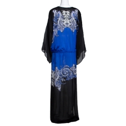 مملوكة مسبقًا Roberto Cavalli Blue & Black Abstract Print Silk Maxi Dress L
