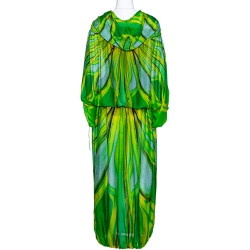 Pre Owned Roberto Cavalli Green Wave Print Silk Maxi Dress M