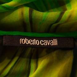 Pre Owned Roberto Cavalli Green Wave Print Silk Maxi Dress M