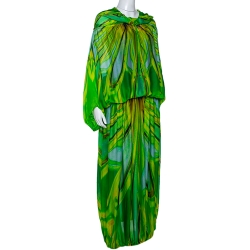 Pre Owned Roberto Cavalli Green Wave Print Silk Maxi Dress M