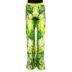 Pre Owned Roberto Cavalli Green Floral Printed Silk Pants L