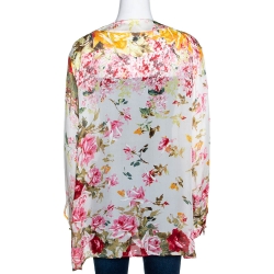 Pre Owned Roberto Cavalli Off White Floral Print Silk Sheer Blouse L