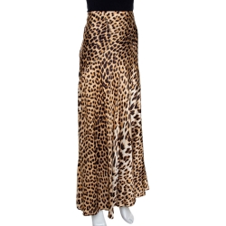 مملوكة مسبقًا Roberto Cavalli Beige Satin Leopard Print Maxi Skirt L
