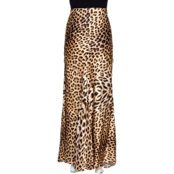 مملوكة مسبقًا Roberto Cavalli Beige Satin Leopard Print Maxi Skirt L
