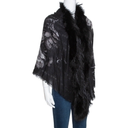 Pre Owned Roberto Cavalli Black Printed Cashmere Fur Lined Poncho (One Size)