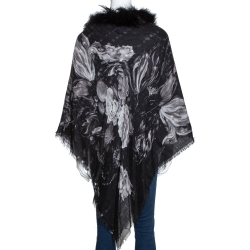 Pre Owned Roberto Cavalli Black Printed Cashmere Fur Lined Poncho (One Size)