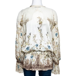 Pre Owned Roberto Cavalli Cream Floral Shimmer Print Silk Ruched Blouse L