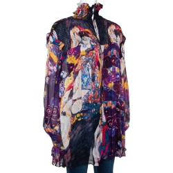 Pre Owned بلوزة روبرتو كافالي شفافة سموكد حرير مطبوع بنفسجي مقاس كبير (لارج)