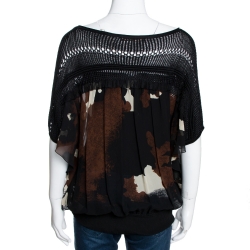 Pre Owned Roberto Cavalli Black Printed Silk Knit Paneled Sheer Blouse L