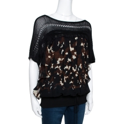 Pre Owned Roberto Cavalli Black Printed Silk Knit Paneled Sheer Blouse L