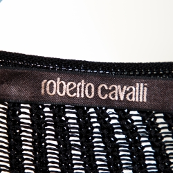 Pre Owned Roberto Cavalli Black Printed Silk Knit Paneled Sheer Blouse L