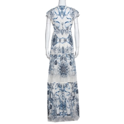 Pre Owned Roberto Cavalli Blue Printed Cotton Gathered Maxi Dress L