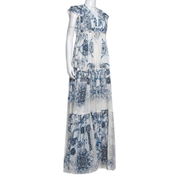 Pre Owned Roberto Cavalli Blue Printed Cotton Gathered Maxi Dress L