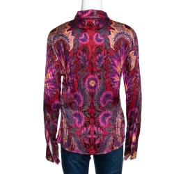Pre Owned Roberto Cavalli Magenta Abstract Foil Printed Plisse Silk Shirt L 
