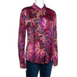 Pre Owned Roberto Cavalli Magenta Abstract Foil Printed Plisse Silk Shirt L 