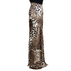 Pre Owned Roberto Cavalli Beige Leopard Print Silk Satin Maxi Skirt L