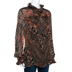 Pre Owned Roberto Cavalli Multicolor Abstract Printed Silk Ruffled Shirt L