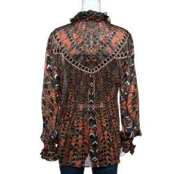 Pre Owned Roberto Cavalli Multicolor Abstract Printed Silk Ruffled Shirt L