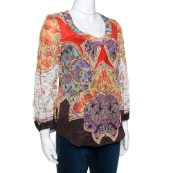 Pre Owned بلوزة روبرتو كافالي قطن مطبوع متعدد الألوان بأكمام طويلة مقاس كبير (لارج)