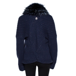 Pre Owned Roberto Cavalli Navy Blue Wool Knit Fur Lined Cardigan L