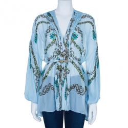 Pre Owned Roberto Cavalli Blue Floral Silk Chiffon Kaftan Top S